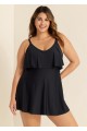 Black Layered Ruffle Trim Adjustable Strap Elegant One Piece Swimdress