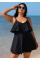Black Layered Ruffle Trim Adjustable Strap Elegant One Piece Swimdress