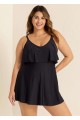 Black Layered Ruffle Trim Adjustable Strap Elegant One Piece Swimdress
