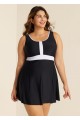 Black And White Color Block Round Neck Casual One Piece Swimdress