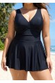 Black Ruched Wide Strap Fashionable Modest Plus Size One Piece Swimdress