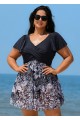 Black And White Print Short Sleeve Cross Front Ruffle One Piece Swimdress