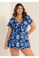 Blue Leaf Print Front Knot Short Sleeve Swimdress Set