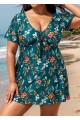 Green V Neck Floral Print Front Twisted Trendy Ruffle Swimdesse Set