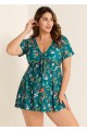 Green V Neck Floral Print Front Twisted Trendy Ruffle Swimdesse Set