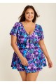Curvy Purple Floral Short Sleeve Bathing Suits Swimdress Set