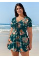 Plus Size Green Floral Short Sleeve Ladies Bathing Suits Swimdress Set