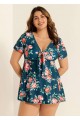 Plus Size Green Floral Short Sleeve Ladies Bathing Suits Swimdress Set