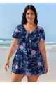 Purple Floral Short Sleeve Plus Size Swimsuit Swimwear Swimdress Set