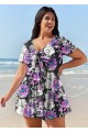 Purple Floral Short Sleeve Curvy Swimwear Bathing Suits Swimdress Set