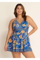 Curvy Blue Floral Double Straps Halter V Neck Swim Dress Swimdress Top