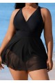 Black V Neck Mesh Fashion Plus Size One Piece Swimdress
