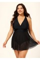 Black V Neck Mesh Fashion Plus Size One Piece Swimdress