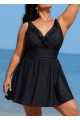 Black Plus Size Solid Color V Neck Ruffle One Piece Swimdress