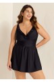 Black Plus Size Solid Color V Neck Ruffle One Piece Swimdress