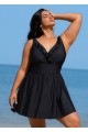 Black Plus Size Solid Color V Neck Ruffle One Piece Swimdress