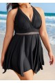 Black Plus Size V Neck Lace Mesh One Piece Swimdress