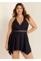 Black Plus Size V Neck Lace Mesh One Piece Swimdress