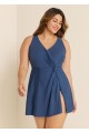 Navy V Neck Side Slit Swim Dress Bathing Suits One Piece Swimdress
