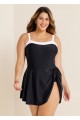 Black And White Color Block Side Tie Swim Dress Swimsuit One Piece Swimdress