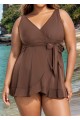 Brown Wrap Side Tie With Brief Swim Skirts For Women Two Pieces Swimdress Set