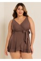 Brown Wrap Side Tie With Brief Swim Skirts For Women Two Pieces Swimdress Set