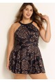 Black Floral High Neck Curvy Two Piece Swimsuit With Shorts Swimdress Set