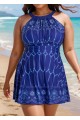 Curvy Navy High Neck Line Flowers Fashion Swim Dress  Swimdress Set