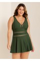 Green V Neck Mesh Swim Skirts For Women One Piece Swimdress