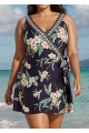 Black Floral Wrap Side Tie Plus Size Swim Skirts For Women One Piece Swimdress