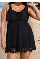 Plus Size Black Laser Cut Ruched Drawstring Swim Skirts For Women One Piece Swimdress
