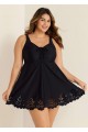 Plus Size Black Laser Cut Ruched Drawstring Swim Skirts For Women One Piece Swimdress
