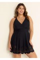 Curvy Black Laser Cut Ruched Swim Skirts For Women One Piece Swimdress