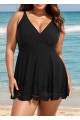 Curvy Black Laser Cut Ruched Swim Skirts For Women One Piece Swimdress