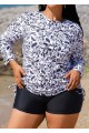 White Round Neck Long Sleeve Floral Printed Side Tie Plus Size Tankini Top