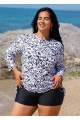 White Round Neck Long Sleeve Floral Printed Side Tie Plus Size Tankini Top