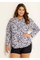 White Round Neck Long Sleeve Floral Printed Side Tie Plus Size Tankini Top