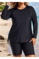 Plus Size Black Long Sleeve Drawstring Women's Swimsuit Tankini Top