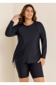 Plus Size Black Long Sleeve Drawstring Women's Swimsuit Tankini Top