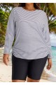 Plus Size Black Stripe Long Sleeve Drawstring Women's Swimsuit Tankini Top