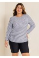 Plus Size Black Stripe Long Sleeve Drawstring Women's Swimsuit Tankini Top