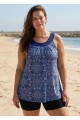 Plus Size Blue Paisley Print Scoop Neck Sleeveless Casual Padded Women's Swimsuit Tankini Top