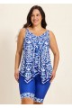 Plus Size Blue Floral Print Flowy Asymmetrical Hem Swimsuit Two Piece Long Tankini Set