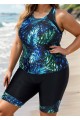 Women Plus Size Plants Print Scoop Neck Stretch Rash Guard Tankini Set