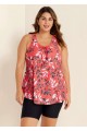Red Tropical Leaf Print Loose Fit Plus Size Women Tankini Top