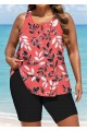 Red Tropical Leaf Print Loose Fit Plus Size Women Tankini Top