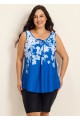 Blue Floral Modest Padded Wide Strap Loose Fit Curvy Women's Swimsuit Long Tankini Top