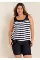 Plus Size Black And White Striped Print Sports Tankini Top