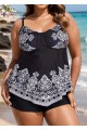 Black Paisley Print Color Block V Neck Women Plus Size Swimsuit Tankini Top
