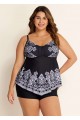 Black Paisley Print Color Block V Neck Women Plus Size Swimsuit Tankini Top